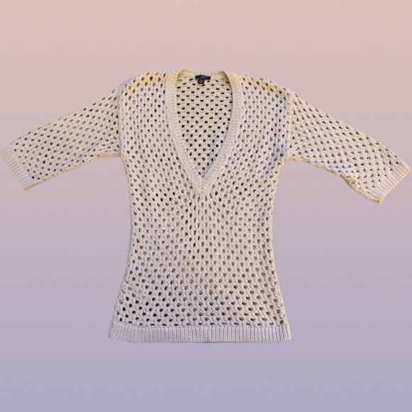 Beige Crochet V-Neck Sweater 3/4 Sleeves Beachwear Resort Layer Coastal Grandma - Picture 7 of 11